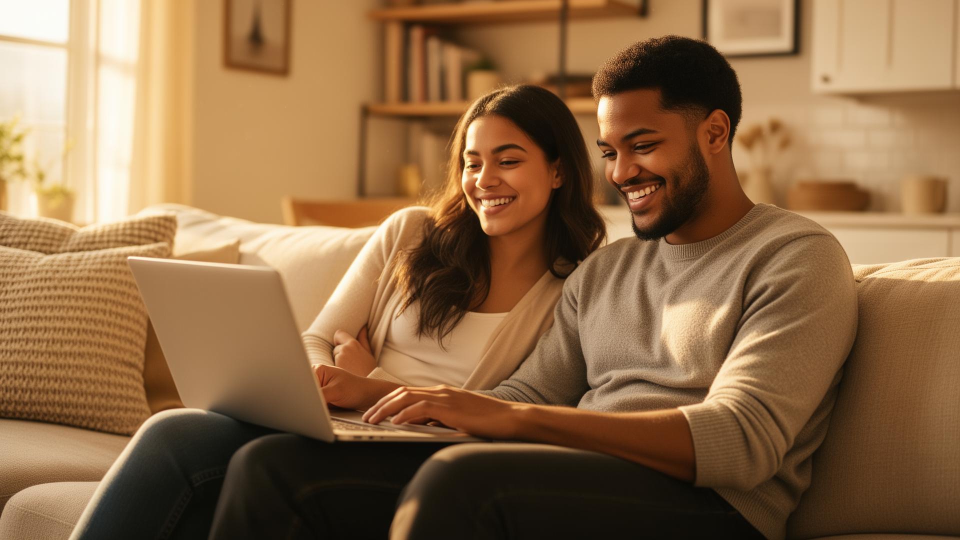 A young couple smiling while planning their finances together on a laptop at home